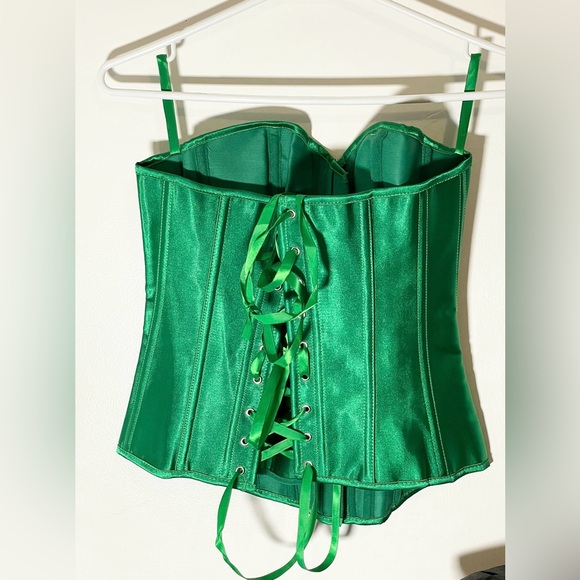 Sz 2pc M Chicastic Emerald Green Satin Sexy Strong Boned Corset Lace Up &Thong - Picture 4 of 6
